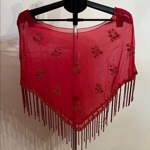 NWT Chaudry Gold Vibrant Red Embroidered Top Cover with Fringe
